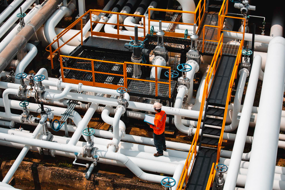 A worker in a safety helmet and orange vest stands amidst an array of white industrial pipes, high pressure valves, and a high pressure pump, overseeing the infrastructure. Orange safety railings and metal walkways are also present.