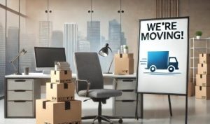 Office relocation with boxes and “We’re Moving” sign